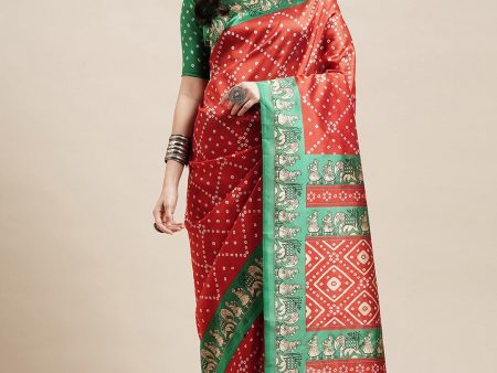 Saree Mall Red & Green Bandhani Printed Saree Supply