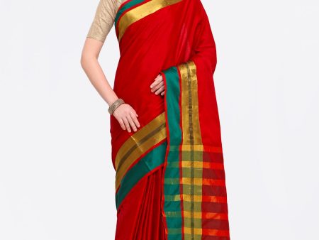 Saree Mall Red & Gold-Toned Silk Cotton Colourblocked Kanjeevaram Saree on Sale