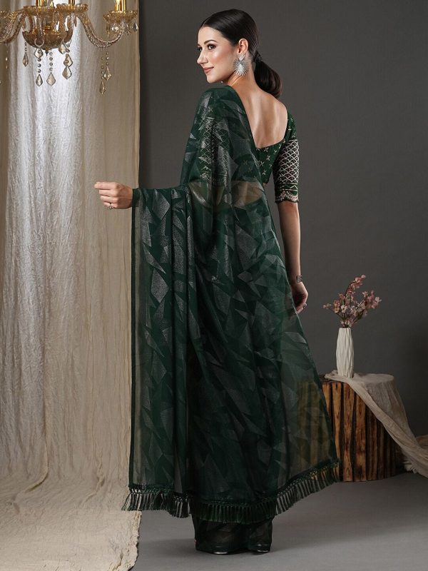 Saree Mall Green Abstract Printed Pure Georgette Saree on Sale