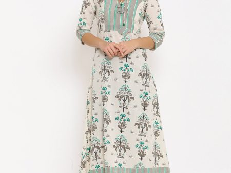 HERE&NOW Off-White & Grey Floral Printed Cotton Flax A-Line Kurta on Sale