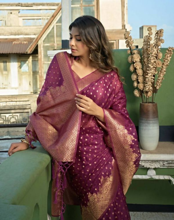 Charming Designer Deep Wine Color Organza Silk Saree With Weaving Work - Yomika Fashions Supply