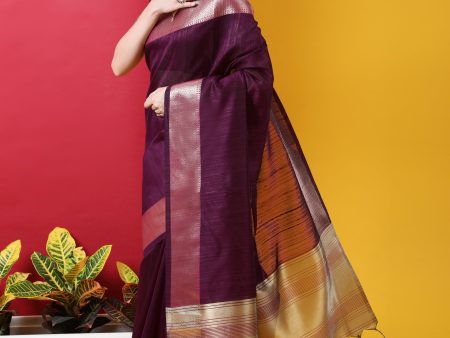 Vishnu Weaves Women s Wine Tussar Silk Zari Woven Saree with Blouse For Sale