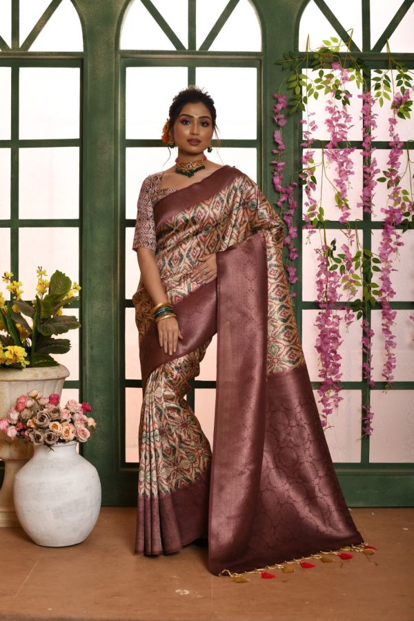 Vishnu Weaves Women s Wine Banarasi Silk Zari Woven Patola Saree with Blouse Supply