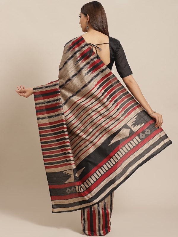 Saree Mall Beige & Black Striped Bhagalpuri Saree on Sale