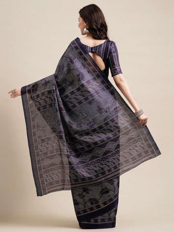 Saree Mall Navy Blue & Grey Floral Art Silk Bhagalpuri Sarees Online Hot Sale