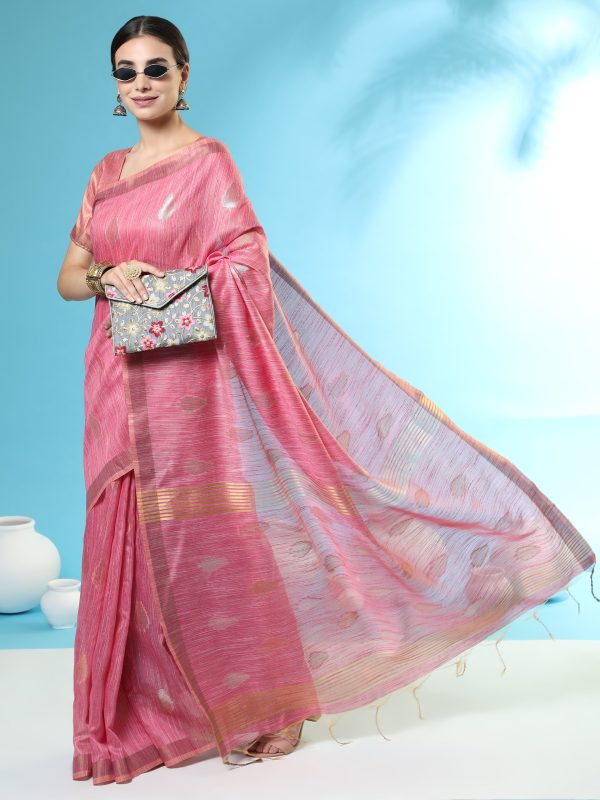 Vishnu Weaves Women s Pink Handloom Silk Zari Woven Saree with Blouse For Discount