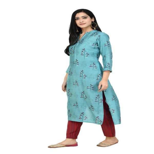 Lagi Women s Turquoise Blue Printed Straight Kurta & Pant (MC41A) Supply