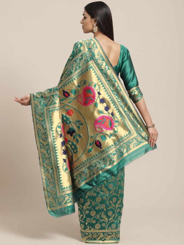 Saree Mall Teal Green & Golden Woven Design Banarasi Saree Fashion