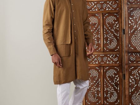 Shvaas by Vastramay Men s Coffee And White Cotton Kurta Pyjama Set Online now