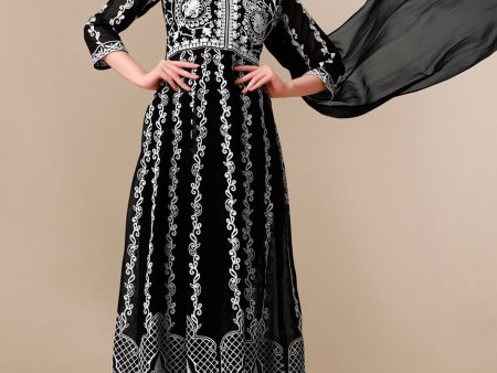 HERE&NOW Black Lucknowi Chikankari Embroidered Georgette Anarkali Kurta with Dupatta Online