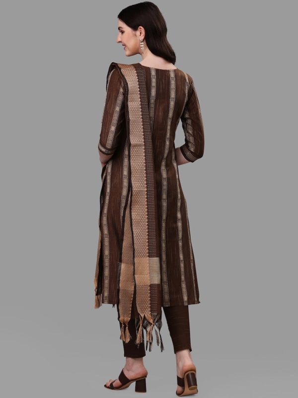 HERE&NOW Brown Striped Regular Pure Cotton Kurta With Trousers & Dupatta Supply