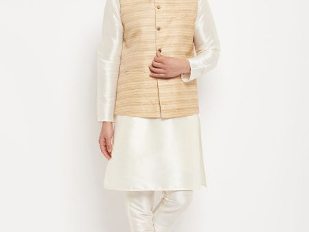 VM by Vastramay Men s Beige And Cream Silk Blend Jacket, Kurta And Pyjama Set Hot on Sale