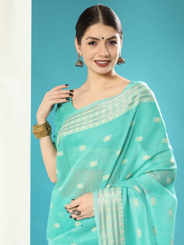 Vishnu Weaves Women s Sea Green Lucknowi Cotton Chikankari Woven Saree with Blouse Cheap