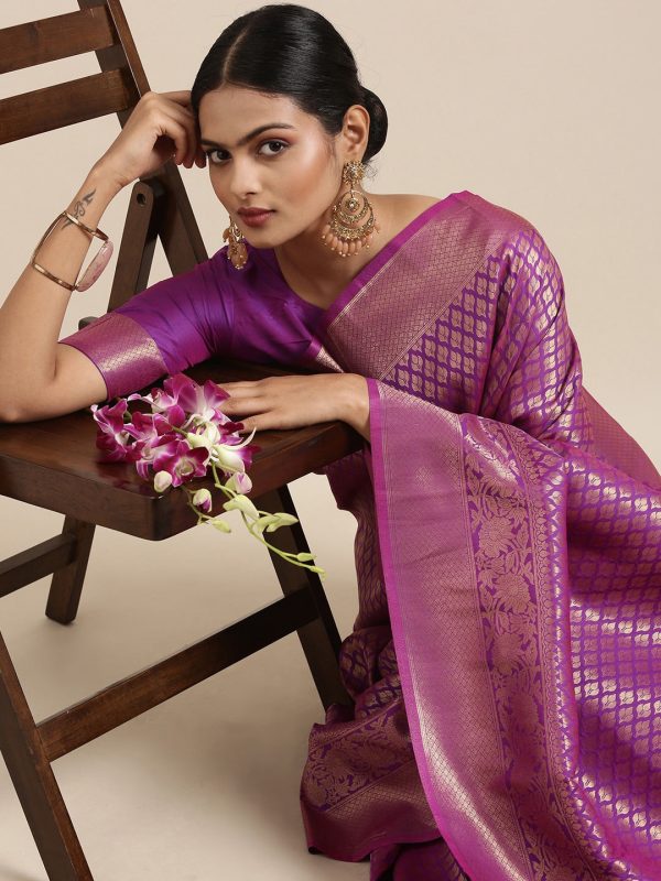 Saree Mall Purple Ethnic Motifs Zari Silk Blend Banarasi Sarees Fashion