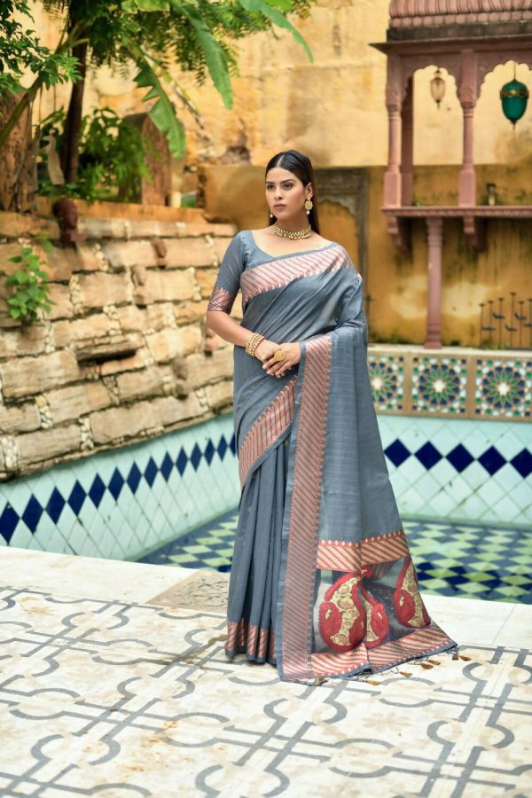 Vishnu Weaves Women s Grey Cotton Silk Zari Woven Butta Work Saree with Blouse Sale