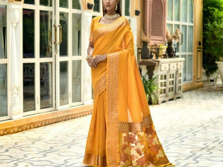 Vishnu Weaves Women s Yellow Cotton Silk Zari Woven Butta Work Saree with Blouse Online now