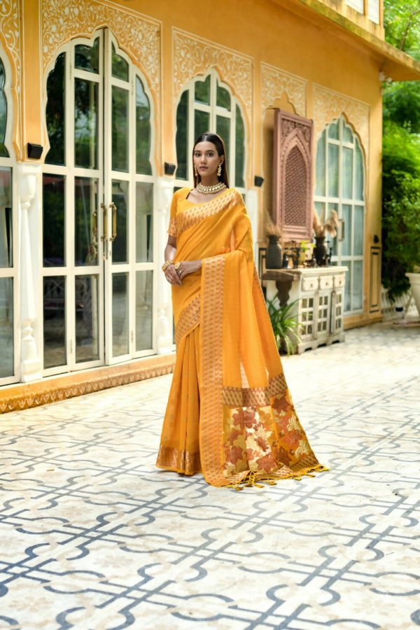 Vishnu Weaves Women s Yellow Cotton Silk Zari Woven Butta Work Saree with Blouse Online now