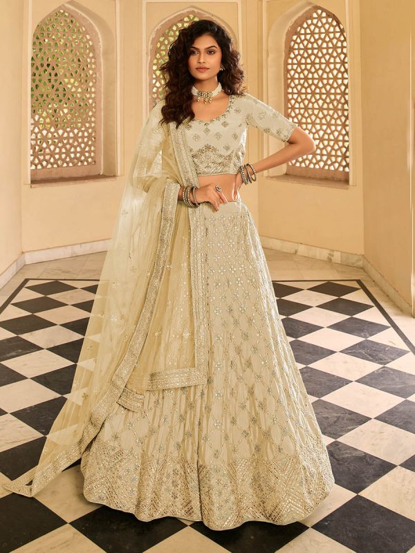 Myra Beautiful Beige Organza Embroidered Lehenga Choli For Sale