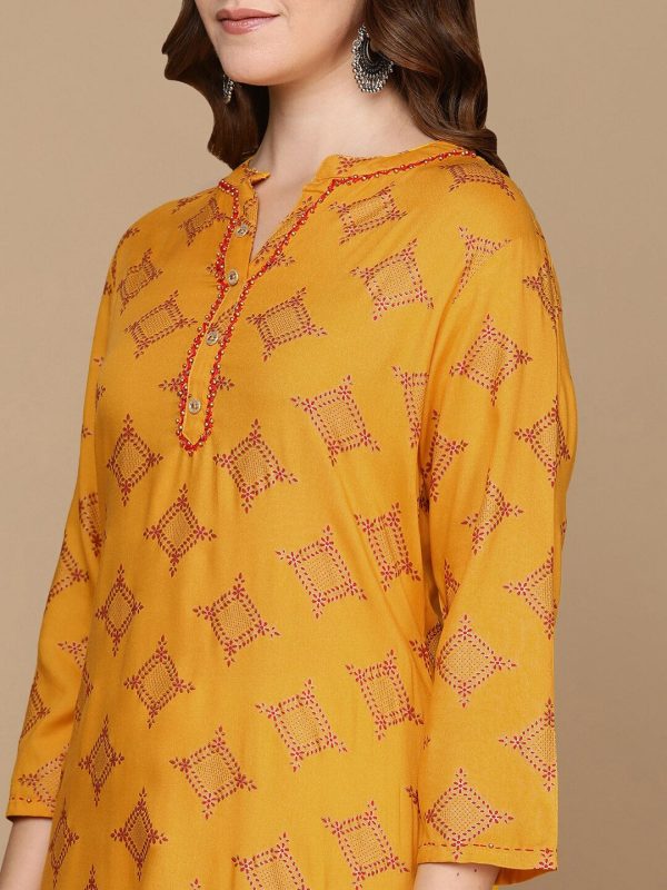 HERE&NOW Mustard Yellow & Red Ethnic Motifs Printed Kurta For Sale