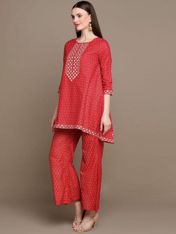 HERE&NOW Embroidered Ethnic Motifs Printed Mirror Work Asymmetric Kurti with Palazzos Cheap