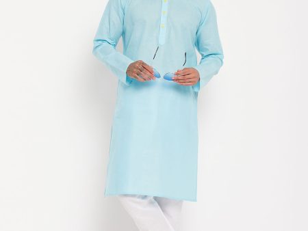 VM by Vastramay Men s Aqua And White Cotton Kurta Pyjama Set For Discount