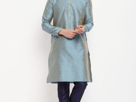 VM by Vastramay Men s Aqua And Navy Blue Silk Blend Kurta Pyjama Set Sale