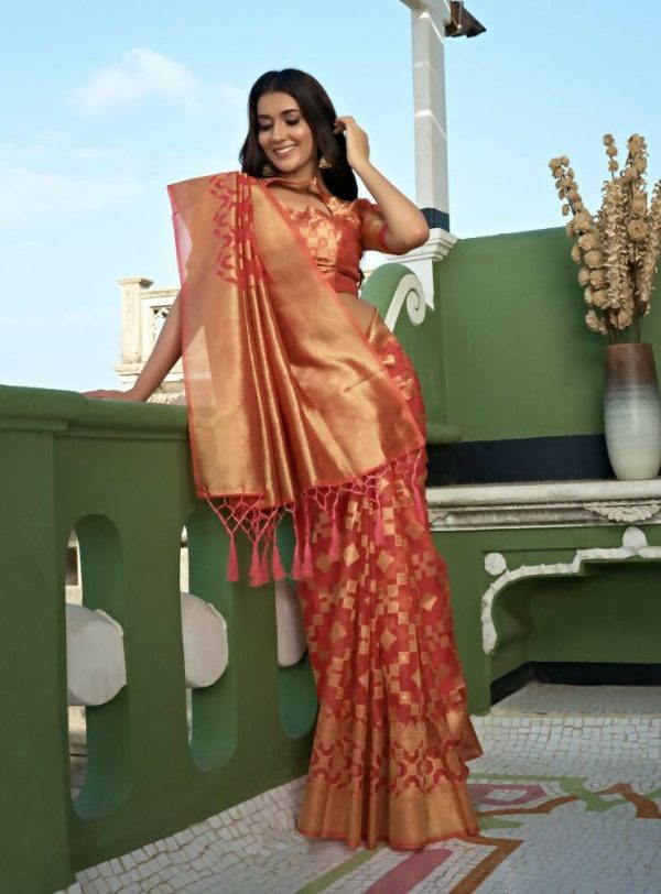 Charming Designer Light Tomato Red Color Organza Silk Saree With Weaving Work - Yomika Fashions Online