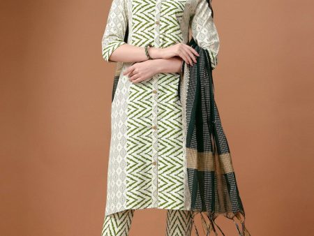 HERE&NOW Geometric Printed Pure Cotton Kurta With Trousers & Dupatta on Sale