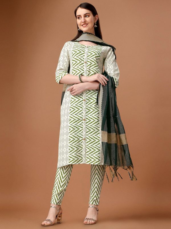 HERE&NOW Geometric Printed Pure Cotton Kurta With Trousers & Dupatta on Sale