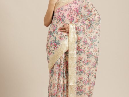 Saree Mall Cream-Coloured & Pink Floral Print Saree For Discount