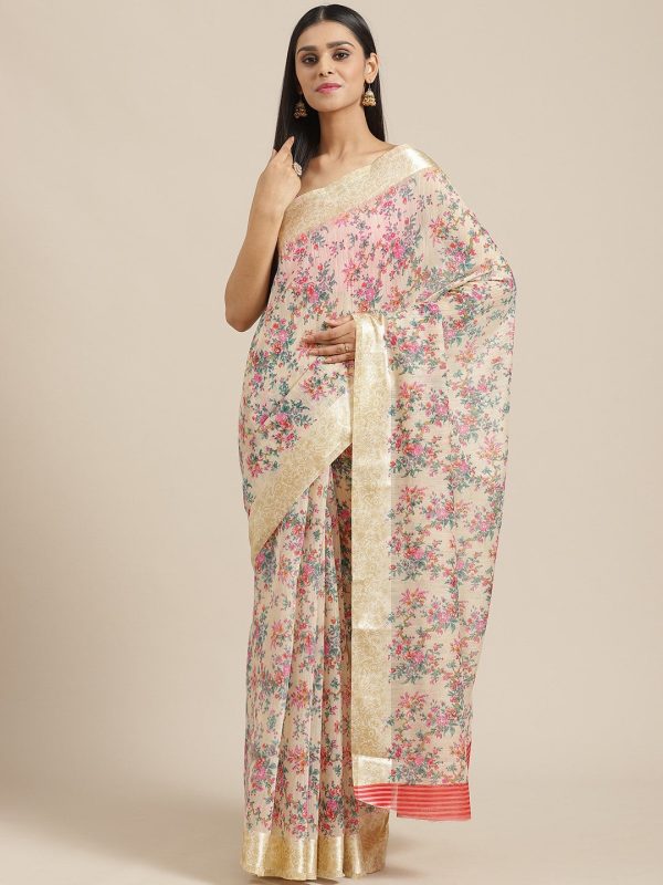 Saree Mall Cream-Coloured & Pink Floral Print Saree For Discount