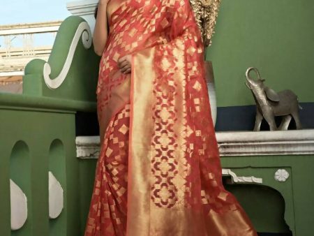 Charming Designer Light Tomato Red Color Organza Silk Saree With Weaving Work - Yomika Fashions Online