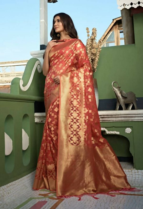 Charming Designer Light Tomato Red Color Organza Silk Saree With Weaving Work - Yomika Fashions Online