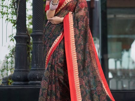 Saree Mall Floral Printed Linen Blend Block Print Sarees on Sale