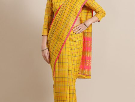 Saree Mall Mustard & Coral Checked Silk Cotton Sarees For Discount