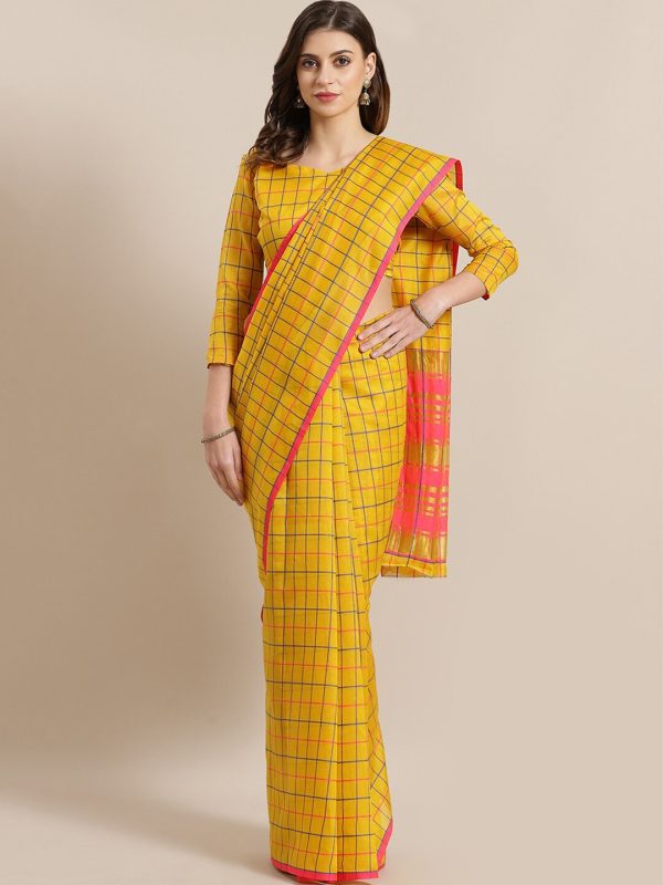 Saree Mall Mustard & Coral Checked Silk Cotton Sarees For Discount