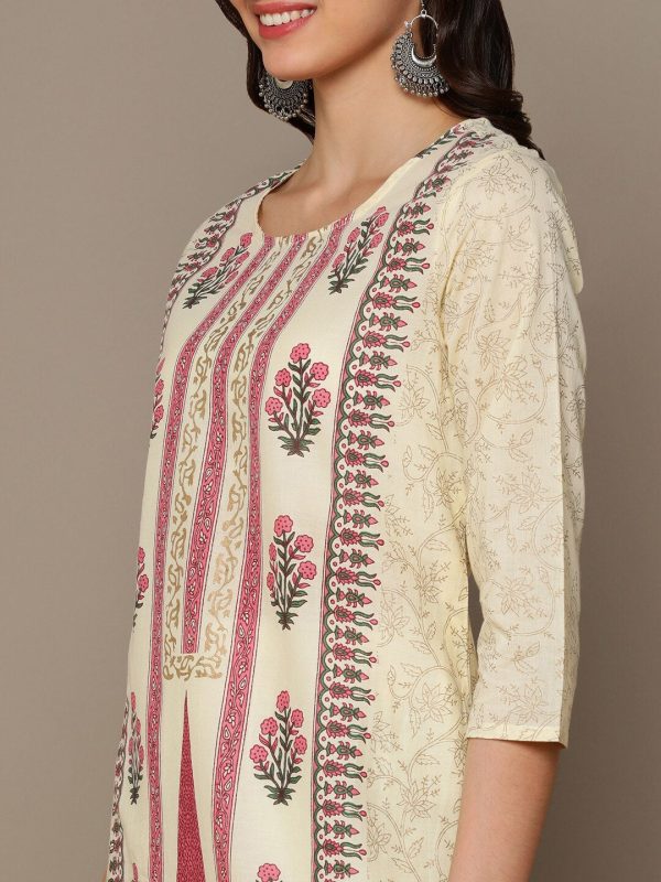 HERE&NOW Cream-Color & Pink Floral Printed Straight Kurta For Sale