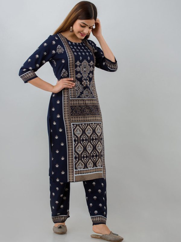 HERE&NOW Navy Blue Ethnic Motifs Printed Kurta with Trousers Hot on Sale