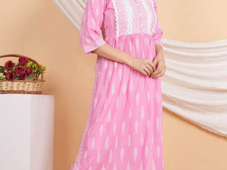 House of RP Women Pink Rayon Naira Cut Emboridered & Printed Kurta & Pant Set For Cheap