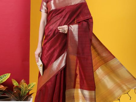 Vishnu Weaves Women s Maroon Tussar Silk Zari Woven Saree with Blouse Supply