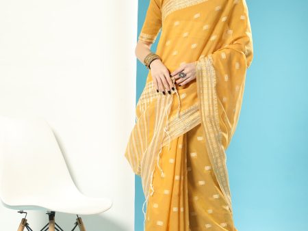 Vishnu Weaves Women s Mustard Lucknowi Cotton Chikankari Woven Saree with Blouse Supply