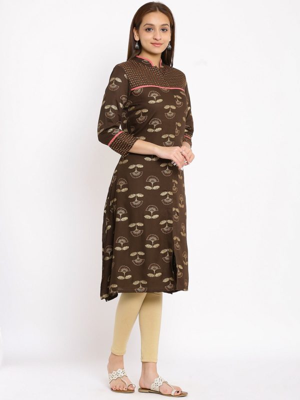 HERE&NOW Brown & Beige Mandarin Collar Floral Printed Straight Kurta on Sale