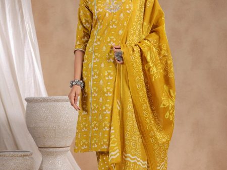 Anubhutee Ethnic Motifs Printed Thread Work Cotton Straight Kurta & Trousers With Dupatta Discount