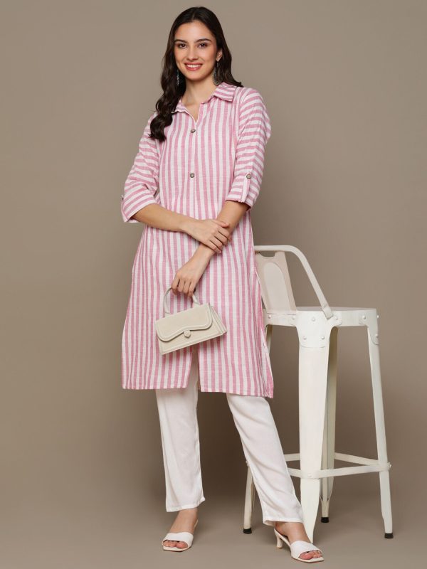 HERE&NOW Pink & White Shirt Collar Roll-Up Sleeves Striped Pure Cotton Straight Kurta For Discount