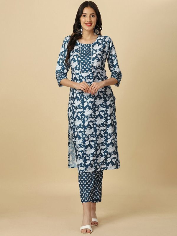 HERE&NOW Floral Printed Regular Kurta with Trousers For Sale