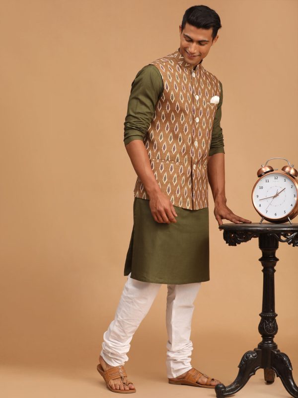 Vastramay Men s Green And White Cotton Blend Jacket, Kurta And Pyjama Set For Cheap