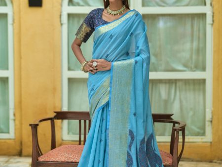 Vishnu Weaves Women s Blue Pure Cotton Zari Woven Saree with Blouse Supply