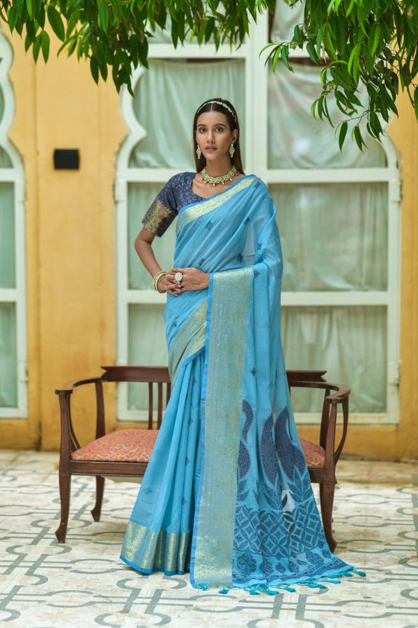 Vishnu Weaves Women s Blue Pure Cotton Zari Woven Saree with Blouse Supply