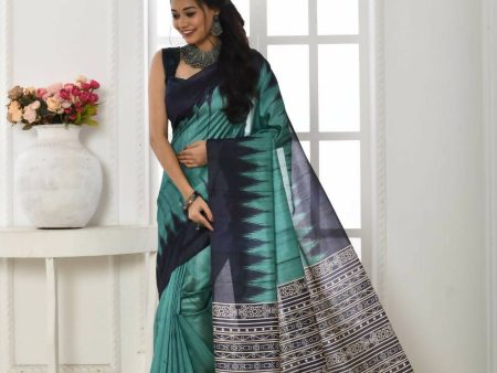 Vishnu Weaves Women s Firozi Tussar Silk Temple Print Saree with Blouse Discount