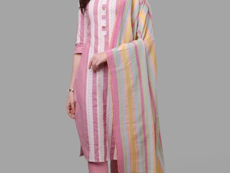 HERE&NOW Pink & White Striped Pure Cotton Kurta With Trousers & Dupatta Supply